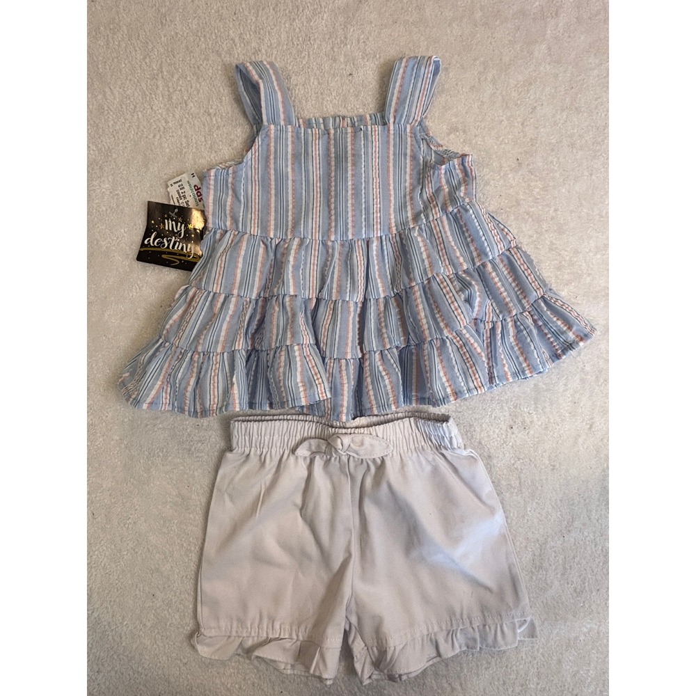 My Destiny Baby Girls 2pc Set Striped Tiered Tank Top and Ruffle Shorts Blue 24M